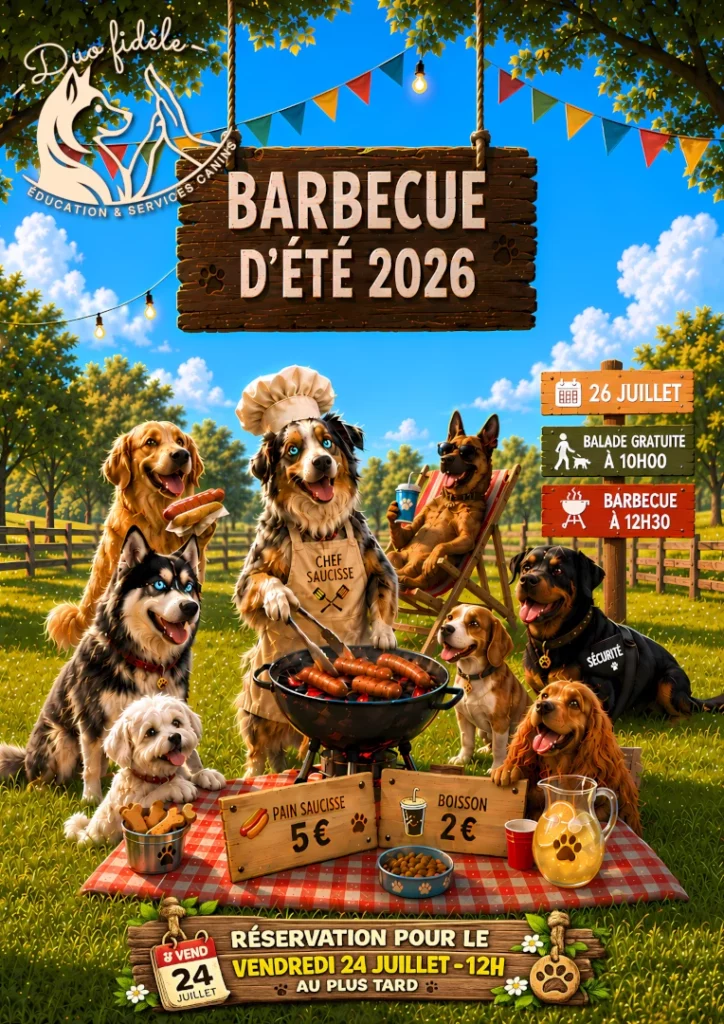Affiche du Barbecue d'été 2026 de Duo Fidèle avec balade gratuite, barbecue et plusieurs chiens réunis autour d'un barbecue dans une ambiance conviviale.
